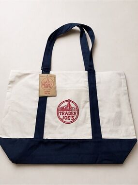 Trader Joe’s Canvas Boat Tote Bag Navy Blue & Natural Embroidered Logo- NWT